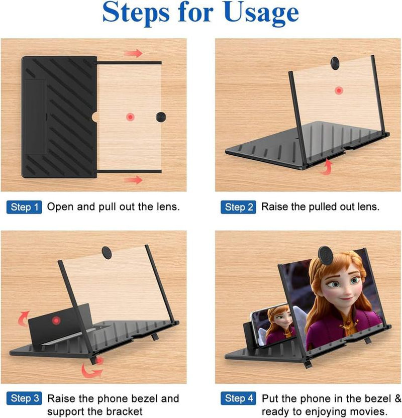 12" Screen Magnifier for Cell Phone – 3D HD Magnifing Screen Enlarger Projector for Movies Videos and Gaming – Foldable Phone Stand Holder with Screen Amplifier–Compatible with All Smartphones Screen Magnifier Bed Side Stand